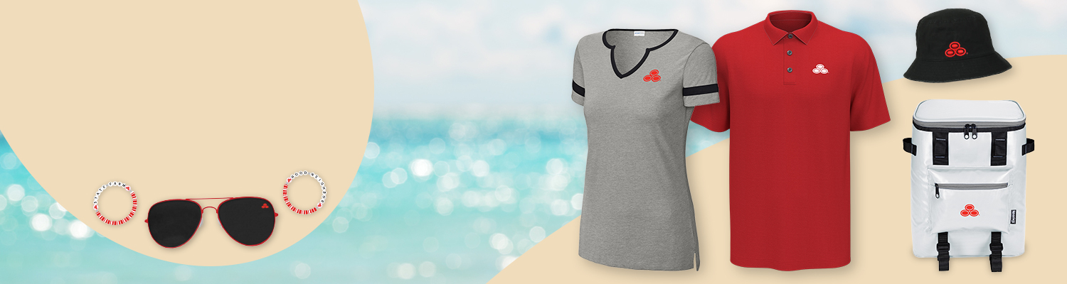 Branded summer gear including sunglasses, earrings, shirts, a bucket hat, and a cooler backpack, shown with a beach background.