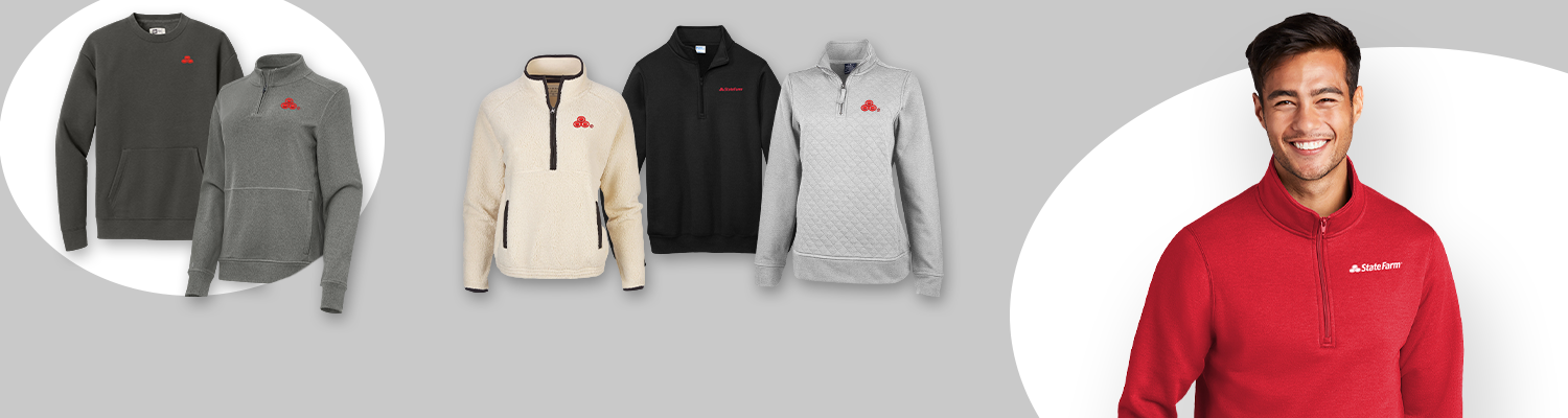 Row of State Farm outerwear - various long sleeved sweaters and pullovers