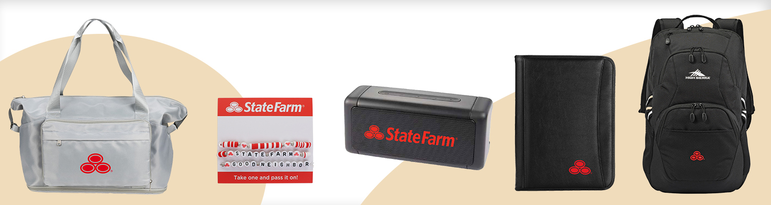 Grey State Farm Bag, State Farm Braclet, Black Bluetooth Speaker, Black Padfolio, High Sierra Black Backpack!