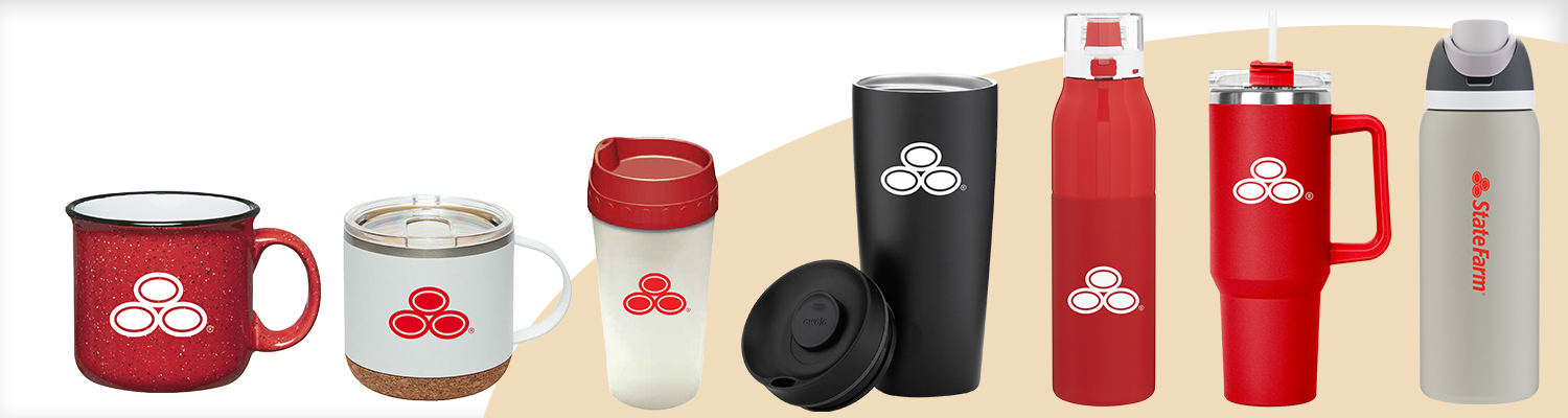 Six State Farm-branded drinkware items: mugs, tumblers, and a water bottle in red, black, and gray.