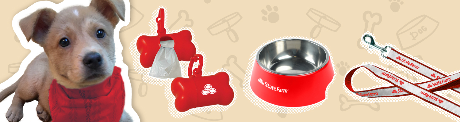 Dog with paw print background. Pet waste disposal bags, blinking pet tag and pet bowl. Pet Supplies are here.